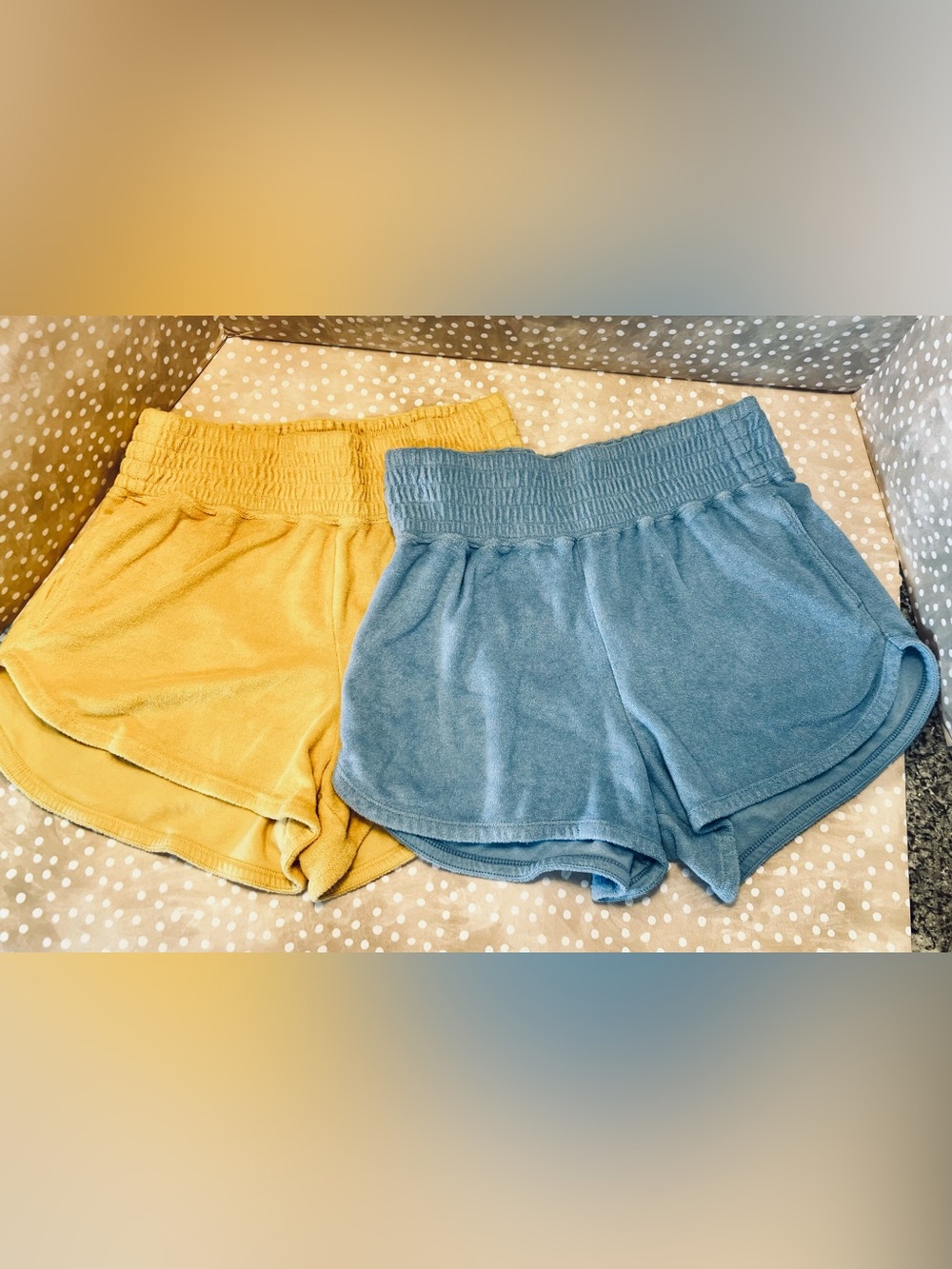 Abercrombie & Fitch Terry Cloth Dolphin Hem Shorts 2 Pair Lot Yellow Blue SMALL